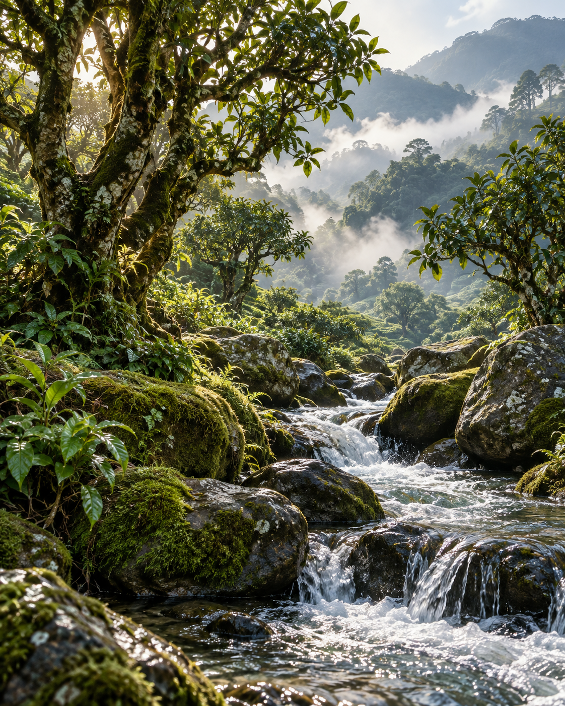 Illustration of spring water flowing through a mature mountain tea garden